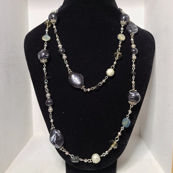 Long Vintage Wrap Statement Necklace Silver Tone Smokey Glass Pearlescent Black - Picture 1 of 1